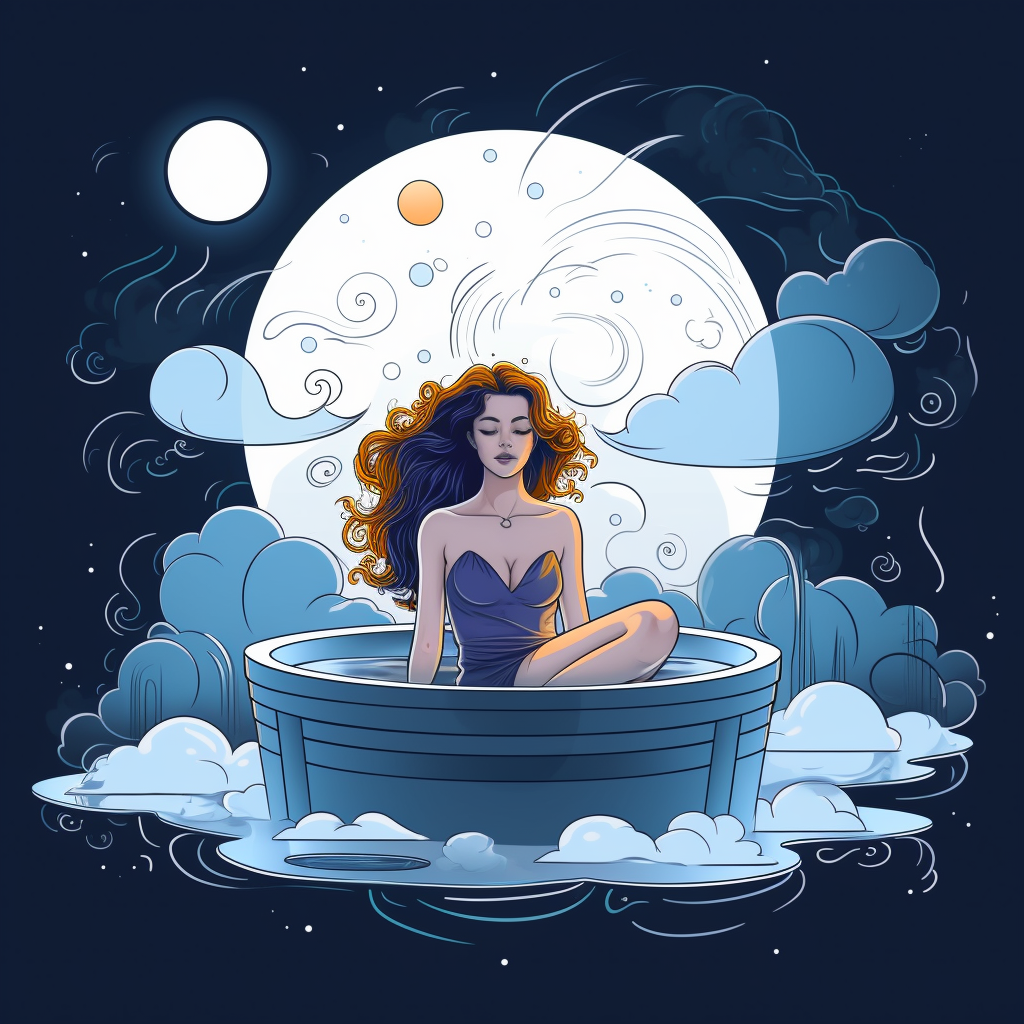 Drawing of woman in hot tub with moon in the background